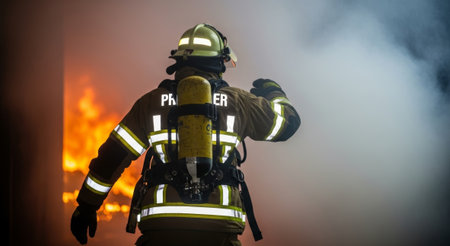 A dedicated firefighter stands firm against the fierce flames, wearing protective gear and a helmet....