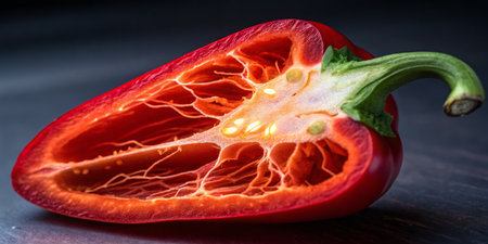 A freshly cut red pepper showcases its vibrant flesh and complex internal structure. The warm...