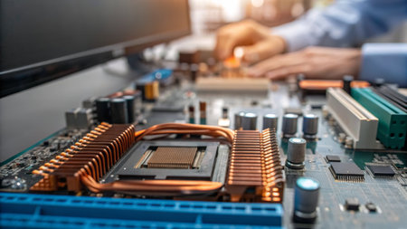 In a bright tech workshop, a hand works meticulously on a circuit board, adjusting components under...