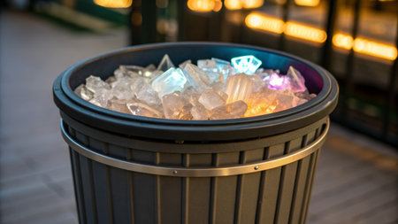 A sleek trash bin filled with sparkling ice cubes and colored lights creates a vibrant atmosphere at a bustling outdoor event. This unique setup adds a festive touch to night gatherings.の写真素材