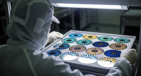 A skilled technician carefully examines colorful optical components under bright lights in a...
