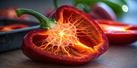 A bright red pepper is sliced in half, showcasing its vibrant interior. Glowing veins appear,...