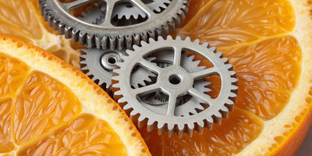 This creative scene features shiny metal gears placed among fresh, juicy orange slices, showing a striking contrast between nature and machinery, inviting contemplation on their relationship.の写真素材