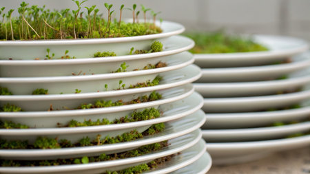 Small green plants thrive in layered plates, showcasing a unique approach to urban gardening. This...