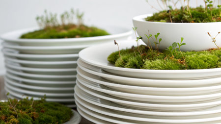 Several stacked white plates display lush green moss and tiny plants, creating a stunning natural presentation. This artistic arrangement blends nature with modern dining aesthetics.の写真素材