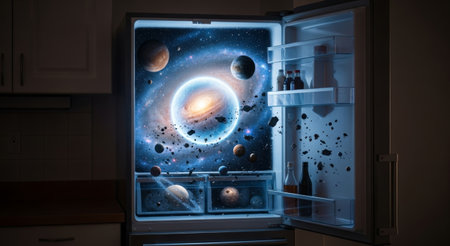 Opening the fridge reveals a stunning cosmic scene, where planets float amidst twinkling stars. A...