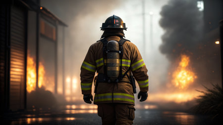 A firefighter walks confidently towards raging flames in a smoky urban setting. The scene is filled with orange firelight contrasting against the darkness, showcasing the bravery of first responders.の写真素材