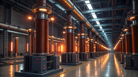 In a sprawling power plant, towering columns filled with glowing energy emit light in warm hues. The...