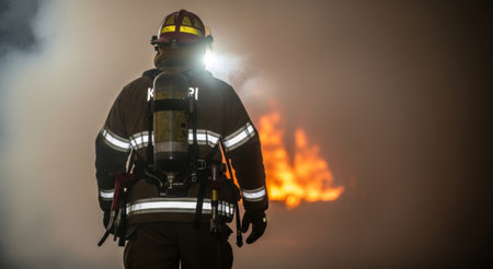 At night, a committed firefighter stands ready, illuminated by flames that blaze fiercely in the...
