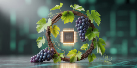 A vibrant grapevine encircles a gleaming processor, merging nature with technology. The background...