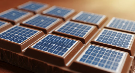 A unique chocolate bar features squares designed to look like solar panels, blending sweet treat with eco-friendly technology. This approach reflects creativity in promoting sustainable energy.の写真素材