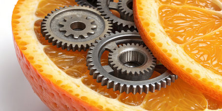 A bright orange is cleverly cut in half, showcasing shiny metal gears nestled within its juicy sections. This unique design blurs the line between nature and machinery, creating an intriguing fusion.の写真素材