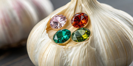 A garlic bulb sits on a wooden surface, partially peeled to reveal four vibrant gemstones nestled...