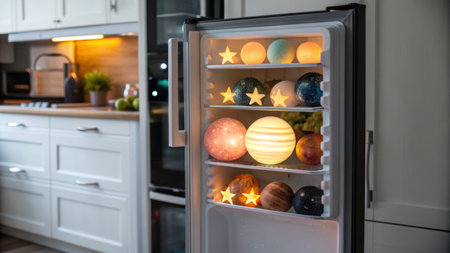Inside a modern kitchen, a refrigerator showcases vibrant planets and twinkling stars, creating a whimsical and artistic environment. Soft lighting adds to the charm of this unique arrangement.の写真素材