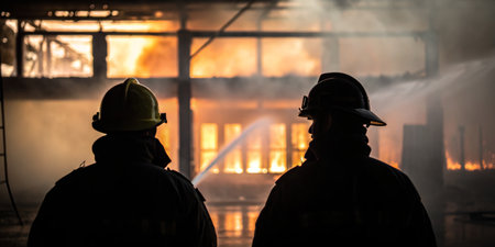 Two brave firefighters stand ready, silhouetted against roaring flames. They work tirelessly to control the fire at a deserted factory, showcasing courage in the face of chaos.の写真素材