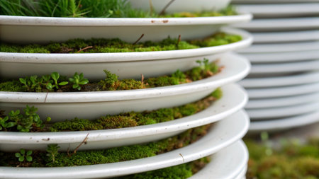 Stacks of white plates adorned with vibrant green moss create a unique garden display. The peaceful arrangement showcases nature's beauty in a harmonious environment of growth.の写真素材