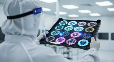 In a high-tech lab, a researcher, dressed in protective gear, examines a tray filled with intricate, colorful designs.の写真素材