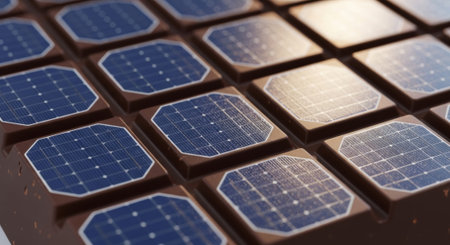 Brightly designed solar panels mimic the appearance of chocolate, arranged in a neat grid. This...