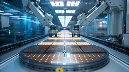Robotic arms work in perfect unison, meticulously assembling electronic components on a conveyor in a modern factory. The bright lights enhance the sleek, futuristic atmosphere of the workspace.の写真素材