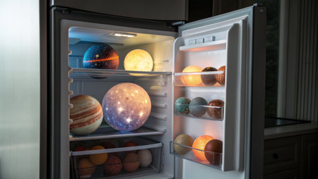 Inside a fridge, glowing planets and cosmic wonders illuminate the shelves. Each celestial body...