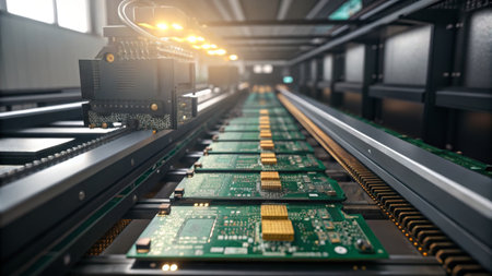 Inside a bustling factory, advanced machinery works meticulously to assemble circuit boards.