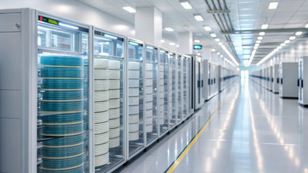 Bright, spacious facility filled with rows of high-tech storage units. It features shelves of...