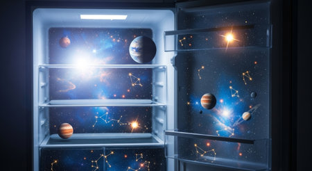 A refrigerator stands open to reveal a cosmic scene inside. Stars, planets, and constellations fill...