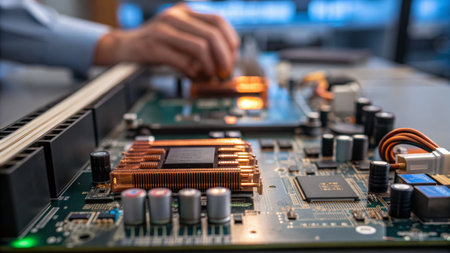 A focused individual works meticulously on assembling circuit boards in a modern lab, showcasing...