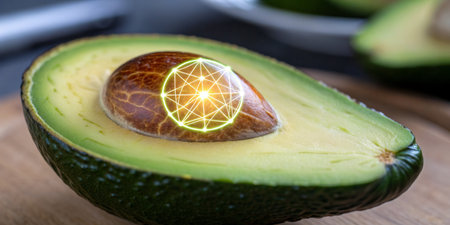 Half of a ripe avocado rests on a wooden cutting board, revealing its creamy green flesh and glossy brown seed. Soft light highlights the fresh fruit in a warm kitchen atmosphere.の写真素材