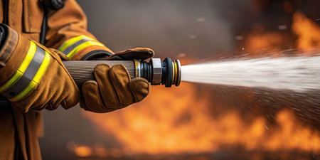 Amidst a fiery backdrop, a firefighter skillfully uses a hose to combat flames. With intense focus, they work bravely, embodying dedication to saving lives and property during emergency situations.の写真素材