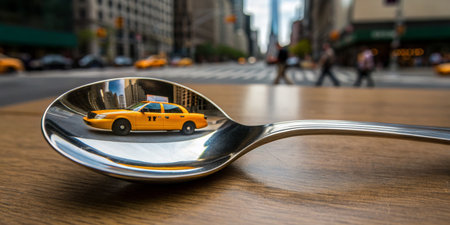 A shiny spoon captures the reflection of a yellow taxi driving through bustling city streets. People walk along the sidewalk, enjoying the vibrant urban atmosphere in the late afternoon.の写真素材