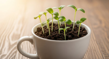 Small green seedlings push through dark soil in a coffee cup, highlighting the beauty of growth. Soft sunlight illuminates the scene, showcasing a simple yet powerful connection to nature.の写真素材
