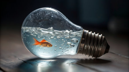 A small goldfish swims gracefully in clear water within a light bulb. Bubbles rise to the surface, creating a surreal contrast against the dark wooden background.の写真素材