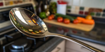 A shiny silver spoon reflects the vibrant colors of fresh vegetables on a cutting board. The warm kitchen atmosphere invites creativity and the joy of cooking.の写真素材
