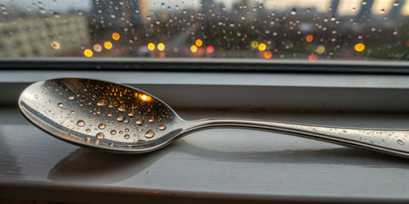 A shiny spoon rests on a windowsill, adorned with droplets of rain. Outside, city lights twinkle softly in the background as evening descends, creating a peaceful atmosphere.の写真素材