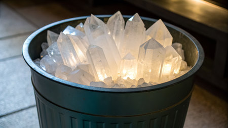 A stylish container filled with brilliant quartz crystals radiates soft light in a cozy setting. The sharp edges of the crystals catch the light beautifully, adding a calming effect.の写真素材