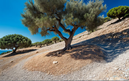 Under a clear blue sky, olive trees flourish along the sunlit slope by the sea. Their rugged trunks and gentle branches create a tranquil scene of nature's beauty and serenity.の写真素材