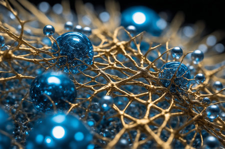Close-up view reveals a beautiful network of golden threads intertwined with shining blue spheres. This artistic arrangement captures the essence of nature's complexity and elegance.の写真素材