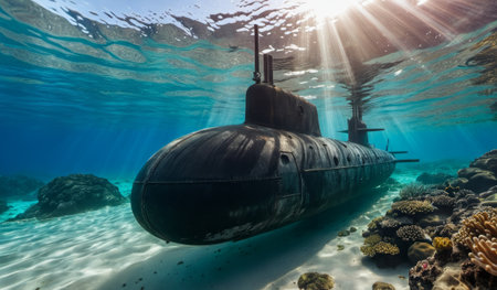 A submarine lies calmly on the ocean floor, surrounded by colorful coral. Sun rays pierce the water's surface, creating a serene underwater scene filled with life and beauty.の写真素材