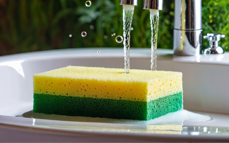 Brightly colored sponge sits in a clean sink, absorbing water flowing from a stylish faucet. Bubbles form around it as nature-inspired hues create a lively scene in the kitchen.の写真素材