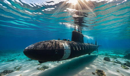 A sleek submarine glides through crystal-clear waters, surrounded by colorful coral and sandy seabed. Sunlight filters down, illuminating the marine world below.の写真素材