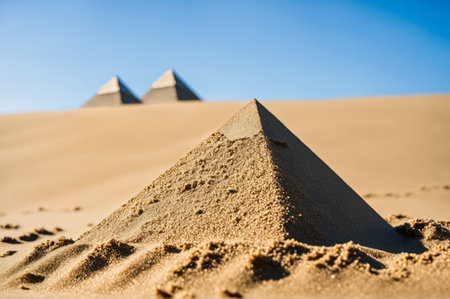 Golden sands stretch endlessly while three triangular formations emerge vividly against the azure backdrop. A warm breeze dances through the desert, inviting exploration and wonder.の写真素材