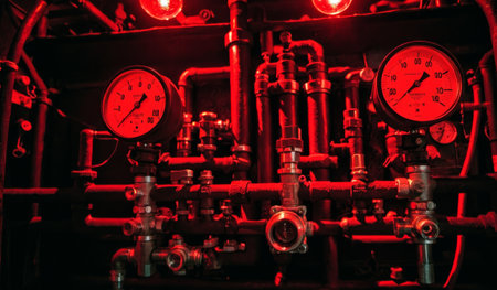 Complex network of pipes and gauges is lit in red light, showcasing an industrial environment filled with machinery. The scene evokes a sense of engineering and design in a working facility.の写真素材