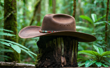 In a lush green jungle, a rustic cowboy hat rests atop a weathered tree stump. Dappled sunlight highlights the hat's unique details, while vibrant foliage surrounds it, creating a peaceful scene.の写真素材