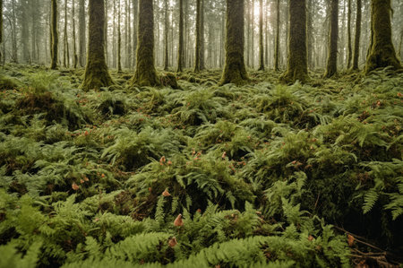 In a serene forest, lush ferns blanket the ground, while tall, moss-covered trees rise up to greet...