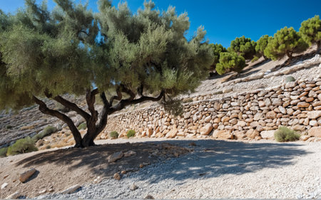 A magnificent tree with sprawling branches casts shade over a rocky path. In the background, a sturdy stone wall rises, showcasing the beauty of nature in this serene landscape.の写真素材