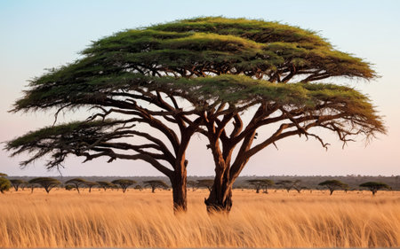 Under a vibrant sky, an acacia tree gracefully towers in the vast savanna. Tall grass waves gently in the warm breeze, creating a tranquil and beautiful scene at dayâs end.の写真素材