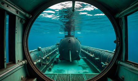 Gazing through a round viewport, a mysterious submarine is visible beneath the waterâs surface. Sunlight filters down, creating a tranquil yet captivating underwater scene.の写真素材