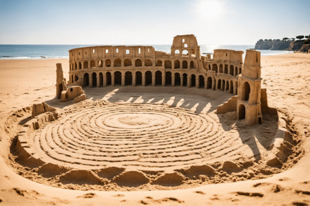Artisans crafted a stunning sand coliseum along the shore, capturing the sunlight's glow as waves gently lap at the sands. This masterpiece showcases intricate details and creativity.の写真素材