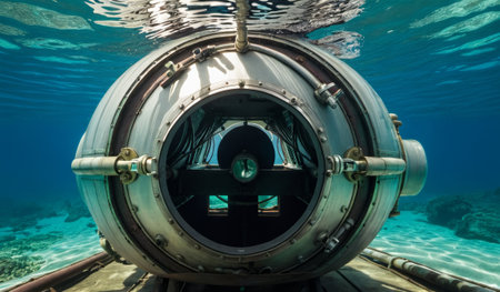 Bright sunlight filters through clear blue waters, illuminating a submarine's circular observation portal. Coral and fish dance below, inviting curiosity about ocean life.の写真素材